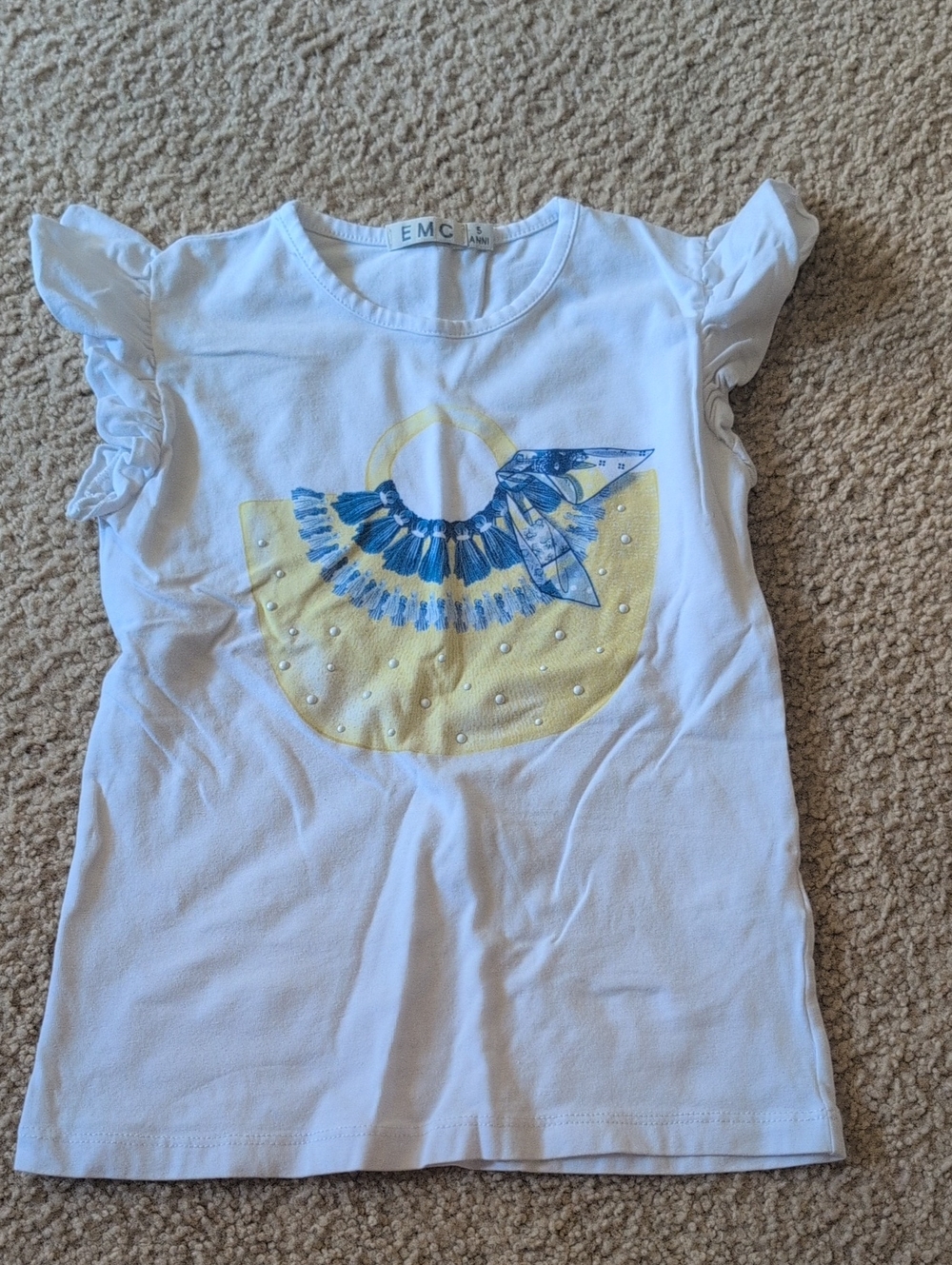 Girls' White Ruffle Sleeve Tee with Yellow & Blue Bag Graphic